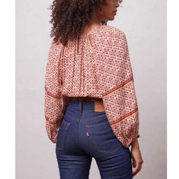 PATRONS OF PEACE Irving Adobe Tile Print Cropped Smocked Top Boho Peasant Medium - Picture 3 of 15